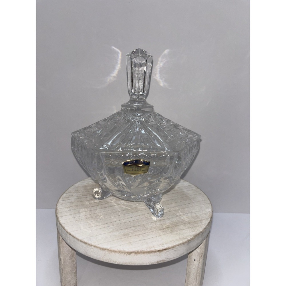 VTG Irena Polonia Lead Crystal Hexagon Shaped 3-Footed Candy Dish w/ Lid - 7.5"T